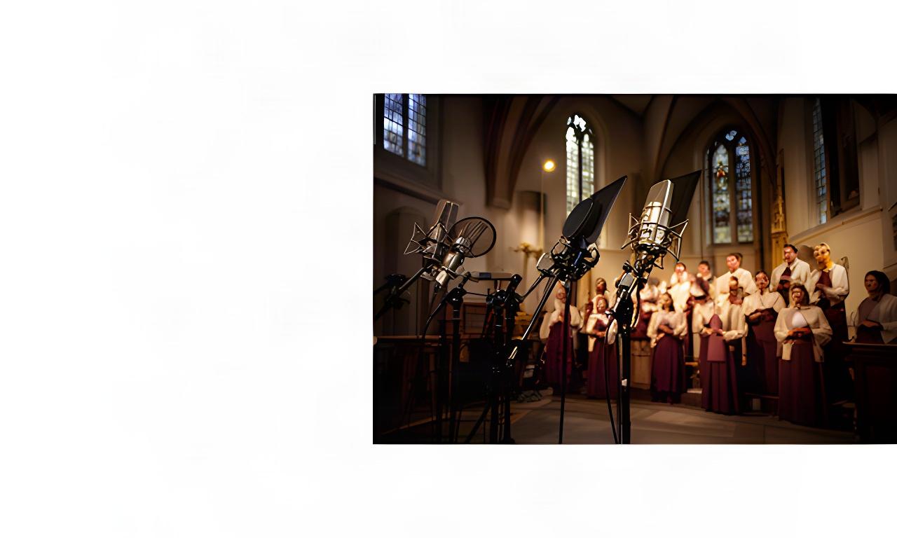 Koor en geluidsmicrofoons in een sfeervol kerkinterieur tijdens een professionele opname